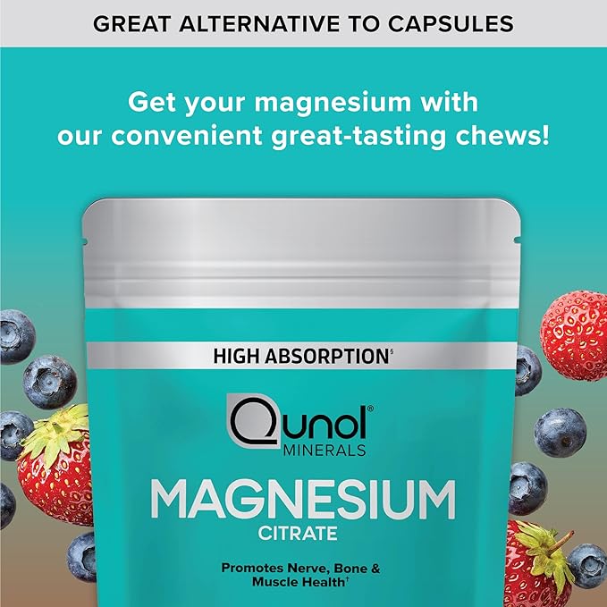 Qunol Magnesium Citrate Soft Chews 350mg Extra Strength Magnesium Supplement High Absorption to Support Nerve Bone and Muscle Health 90 Count (Pack of 2)
