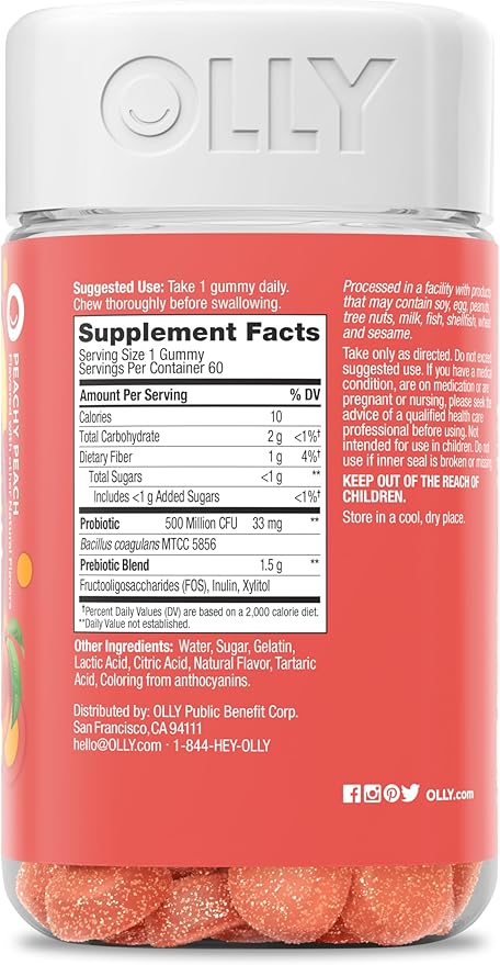 OLLY Probiotic + Prebiotic GummyDigestive Support and Gut Health500 Million CFUsFiberAdult Chewable Supplement for Men and WomenPeach60 Day Supply -60 Count (Pack of 2)