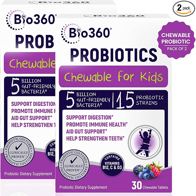 Bio360 Probiotics for Kids - 15 Strains &amp 5 Billion CFU Supports Brain Immune &amp Digestive Health - Kids Probiotic Chewable with Organic Prebiotics for Gut &amp Constipation Mixed Berry Flav