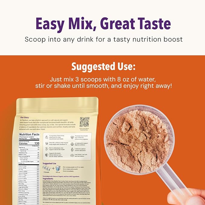 Plantium Total Nutrition Premium All-In-One Meal Replacement Shake Plant-Based Protein Powder with Vitamins Minerals &amp Probiotics 22g Protein per Serving Chocolate