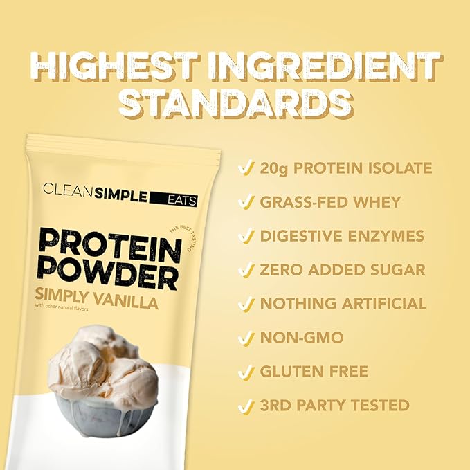 Clean Simple Eats Whey Protein Powder Simply Vanilla Flavor Naturally Sweetened 100% Grass Fed Protein Powder with Digestive Enzymes &amp No Artificial Ingredients Gluten Free 10 Stick Packs