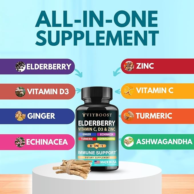 2 Pack Elderberry Immune Support Supplement 8-in-1 Formula with Echinacea Vitamin C &amp Zinc Vitamin D 5000 IU Turmeric Ginger Ashwagandha – 60 Capsules Each