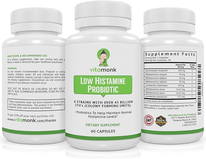 VitaMonk Low Histamine Probiotics Fight Histamine Intolerance and Support Balanced Gut Health - Histamine Free Probiotic for Those Seeking Health Improvements with Histamine Control -60 Capsules