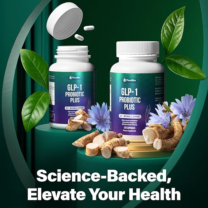 FloraBliss 120 Probiotic Capsules - 900 Million AFU of Akkermansia Clostridium Bifidobacterium. Added Prebiotic Chicory and Green Tea Exact. Gluten Free - Vegan - Non GMO.