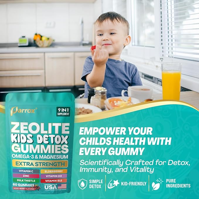 Zeolite Kids Detox Gummies 9-in-1 Extra Strength with Zeolite Omega-3 Magnesium Elderberry Vitamin C Milk Thistle Vitamin D3 Zinc B12 – Sugar-Free (Mixed Berry Flavor - 2 Pack)