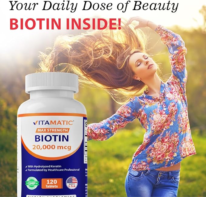 Vitamatic High Potency Biotin 20000 mcg (20mg) with Keratin 100mg - 120 Vegetarian Tablets - Biotin Supplements for Healthy Hair Skin &amp Nails for Adults (120 Count (Pack of 2))
