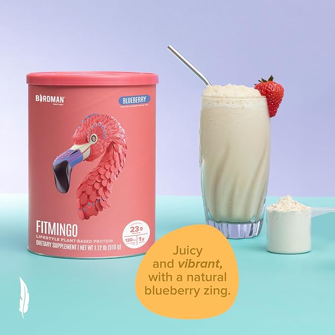 BIRDMAN Fitmingo Vegan Protein Powder with Inositol Collagen Boosters Hyaluronic Acid and Vitamins | Low Carb Dairy Free Low Calorie | 23g Plant Based Blueberry Protein Powder with Myo-Inositol
