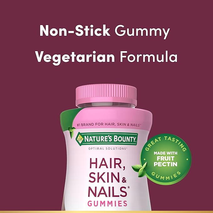 Nature's Bounty Optimal Solutions Hair Skin and Nails Pectin Gummies 2500 mcg Biotin Per Serving No Stick Gummy Vegetarian Formula Strawberry Flavor 200 count 100 Total Servings