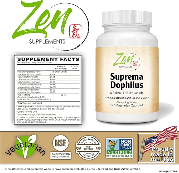 Zen Supplements - Suprema-Dophilus - 5 Billion CFU Probiotic - 8 Strains - Shelf Stable and Acid Resistant - Supports Gastrointestinal &amp Immune Health 120-Caps
