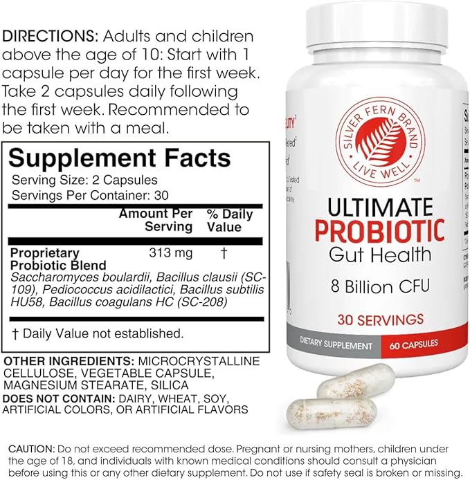 Silver Fern Brand Ultimate Probiotic - Probiotics for Women &amp Men - 8 Billion CFU Spore-Forming Gut Health Supplement - DNA Verified Vegan Shelf-Stable High Survivability - 60 Capsules