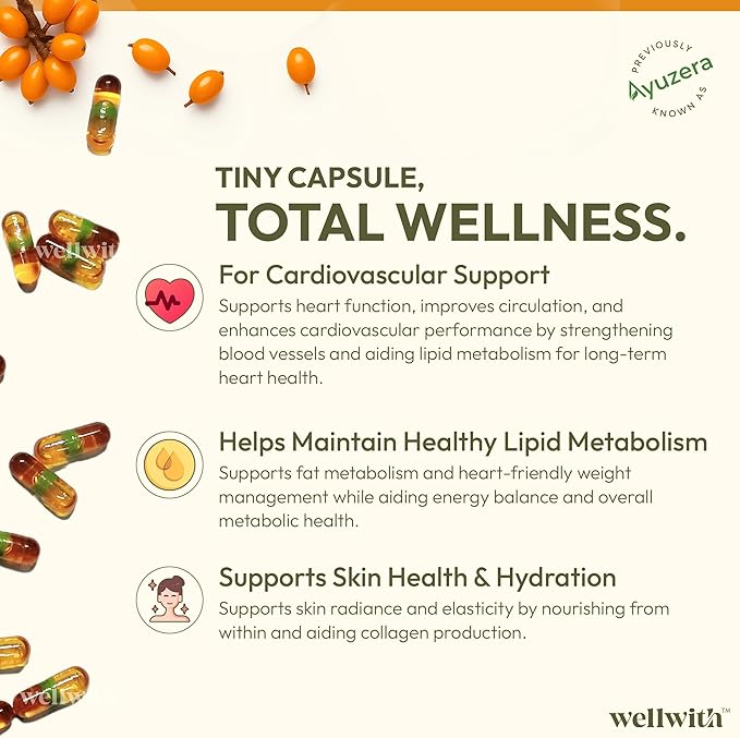 (Ayuzera Sea Buckthorn Berry Oil Vegan Omega 7 500mg 30 Softgels Capsules (Pack of 1) 15-Day Supply| Rich in Omega 3 6 7 &amp 9 for Muscle Bone Heart &amp Skin