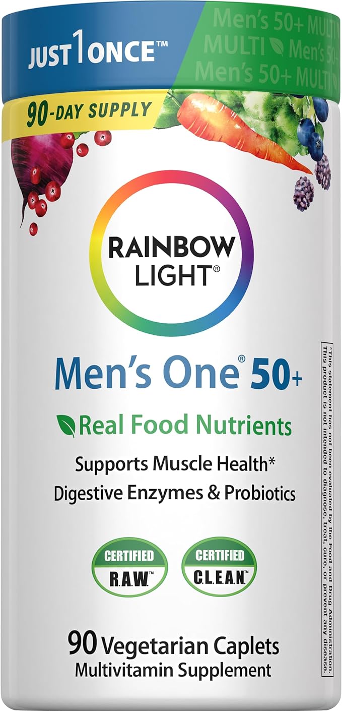 Rainbow Light Mens Multivitamin One + for 50 Plus | 90 Caplets | Supports Muscle Health | with Vitamins C D and Zinc | Real Food Nutrients Digestive Enzymes &amp Probiotics