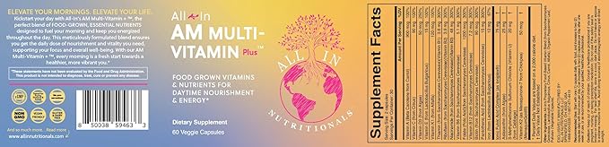All In Nutritionals AM Multi-Vitamin +: Vegan Food-Based Multivitamin with Vitamin D3 K2 B12 Iron and Ionic Fulvic Acid