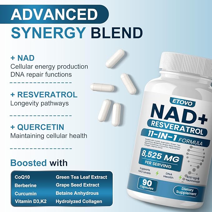 NAD+ Supplement 8525 mg Liposomal NAD Resveratrol Supplement for Women and Men with Coptisine Quercetin Curcumin Supports Cellular Health Energy &amp Healthy Anti-Aging 180 Counts