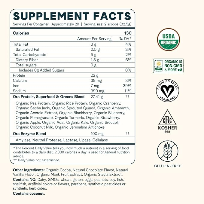 Ora Organic Protein Powder Vanilla Chocolate &amp Vanilla Chai Bundle: 21g Plant Based Vanilla Vanilla Chai 20 Servings + 22g Plant Based Chocolate 20 Servings