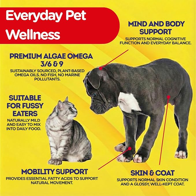 PetJesty Pure Omega 3 Oil for Dogs &amp Cats 26.39oz - Omega 3 Skin &amp Coat Support- Liquid Food Supplement for Pets - Vegan pet + DHA for Joint Function Immune &amp Heart Health Non Fish Oil D