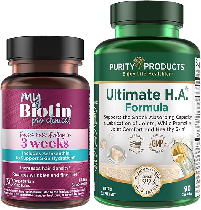 Purity Products Bundle - MyBiotin ProClinical + Ultimate H.A MyBiotin ProClinical (Biotin MB40X Matrix Astaxanthin) - Ultimate H.A. (BioCell Collagen Quercetin Hyaluronic Acid +More)