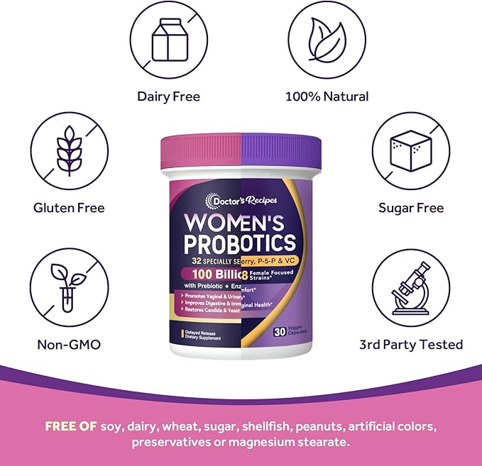 Doctor's Recipes Women’s Probiotics 100 Billion CFU Bundle Vitamin B6 P5P Cranberry Digestion Vaginal Mood Immune Shelf Stable Delayed Release