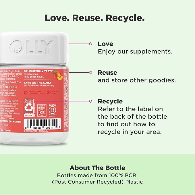 OLLY Probiotic + Prebiotic Gummy Digestive Support and Gut Health 500 Million CFUs Fiber Adult Chewable Supplement for Men and Women Peach 60 Day Supply - 60 Count
