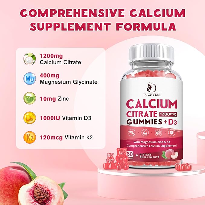 (2 Pack) Calcium Citrate 1200mg with Vitamin D3 Supplements Gummies for Women &amp Men Calcium Gummies with Vitamin D3 K2 High Absorption for Bone Muscle Healthy- Peach Flavor- 60 Day Supply