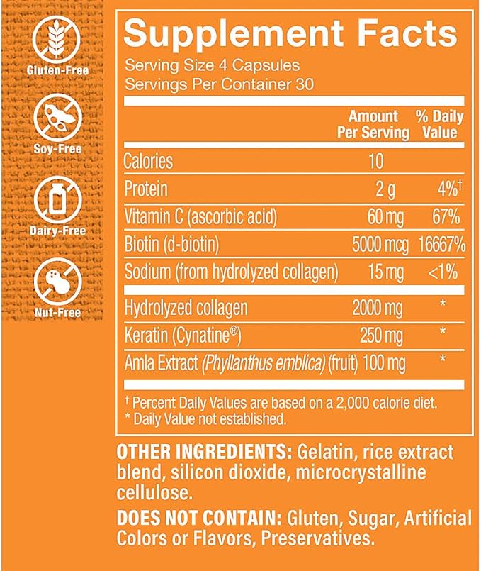 The Vitamin Shoppe Keratin for Hair with Biotin Collagen - Strong Healthy Hair | Hair Luster &amp Shine | 120 Capsules | Beauty