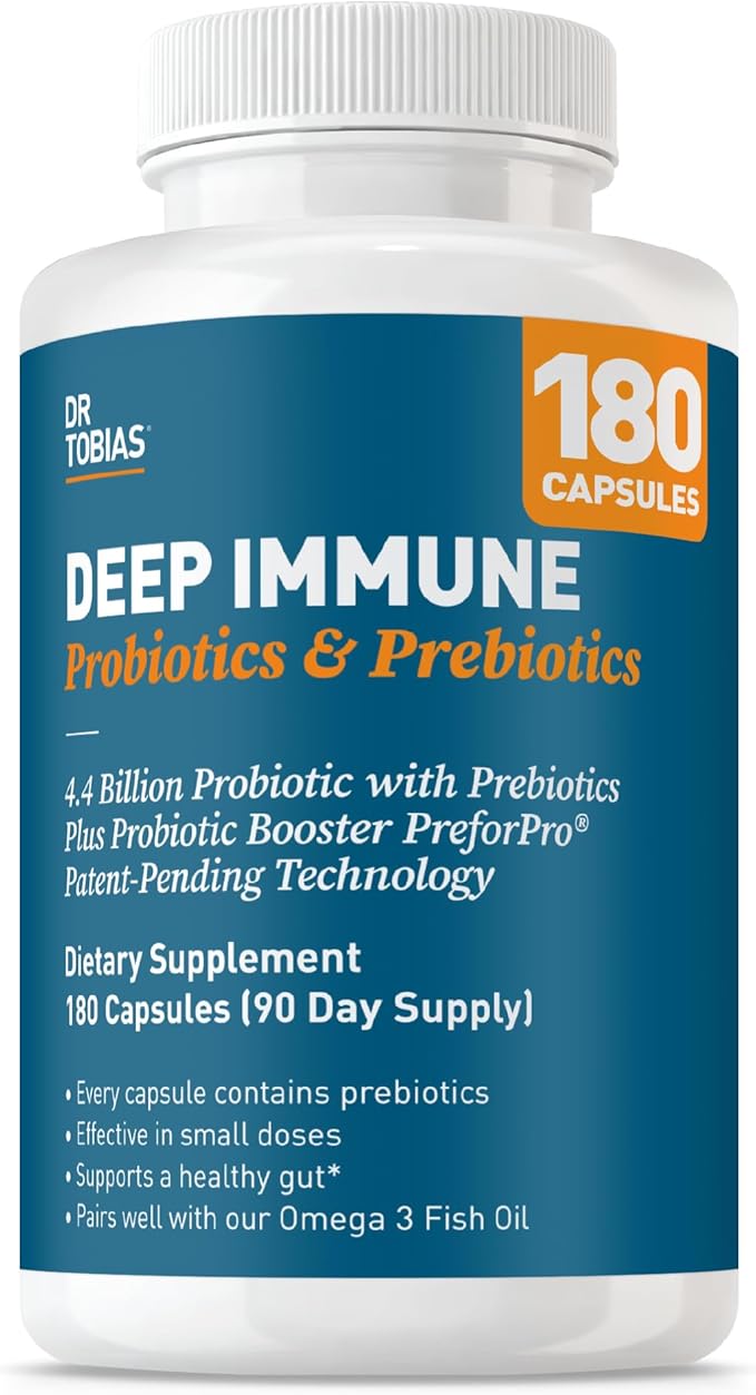 Dr. Tobias Deep Immune Probiotics &amp Prebiotics - Dual Action Digestion &amp Immune Support with PreforPro Prebiotics &amp Spore Forming Probiotics for Women &amp Men - 180 Capsules (90 Servings