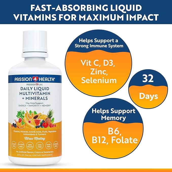 Mega Liquid Multivitamins Trace Minerals Amino Acids Turmeric for Adults Men Women Teens Kids Non-GMO No Soy No Dairy