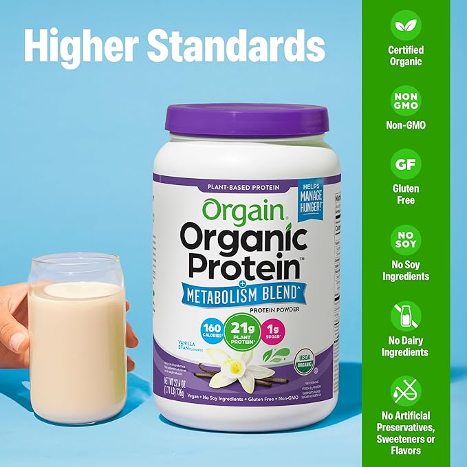 Orgain Organic Protein + Metabolism Blend Powder Vanilla Bean - 21g Plant Protein 5g Prebiotic Fiber No Lactose Ingredients Low Sugar Non-GMO for Shakes &amp Smoothies 1.71 lb