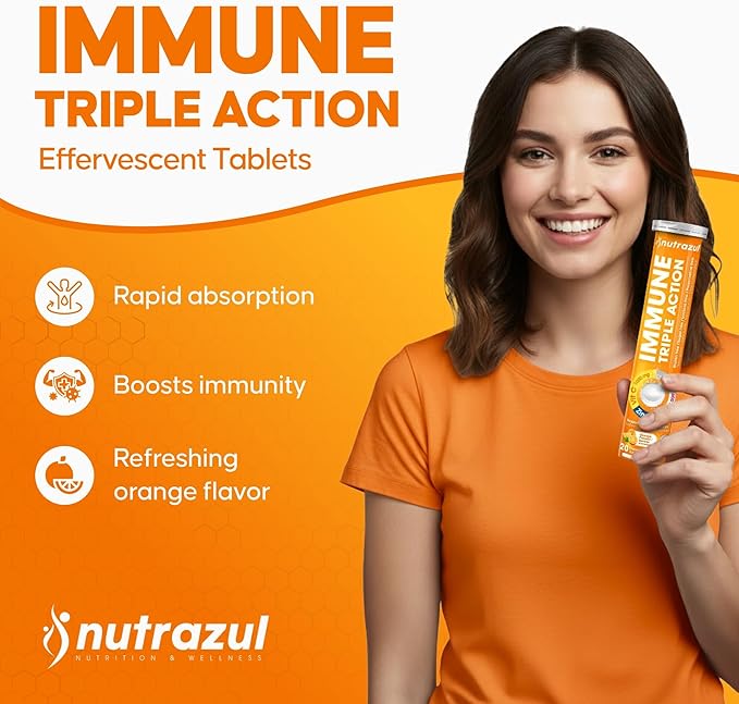 nutrazul Immune Triple Action Effervescent Tablets with Vitamin C 1000mg Vitamin D Zinc Support Daily Routine Gluten-Free Sugar-Free Lactose-Free Orange Flavor 20 Tablets (Pack of 3)