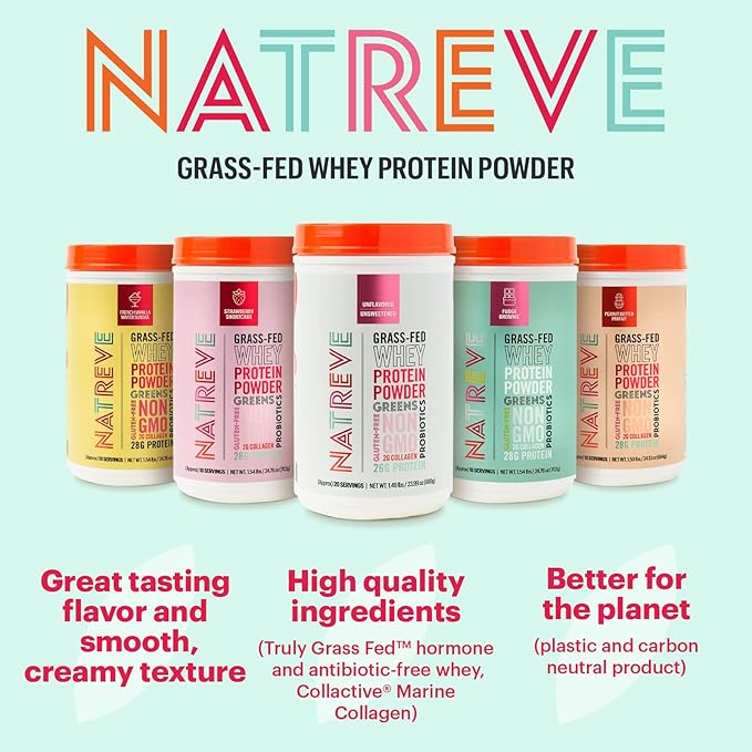 Natreve Whey Protein Powder - 26g Grass-Fed Whey Protein with Amino Acids Probiotics &amp Collagen - Gluten Free &amp Unflavored 20 Servings