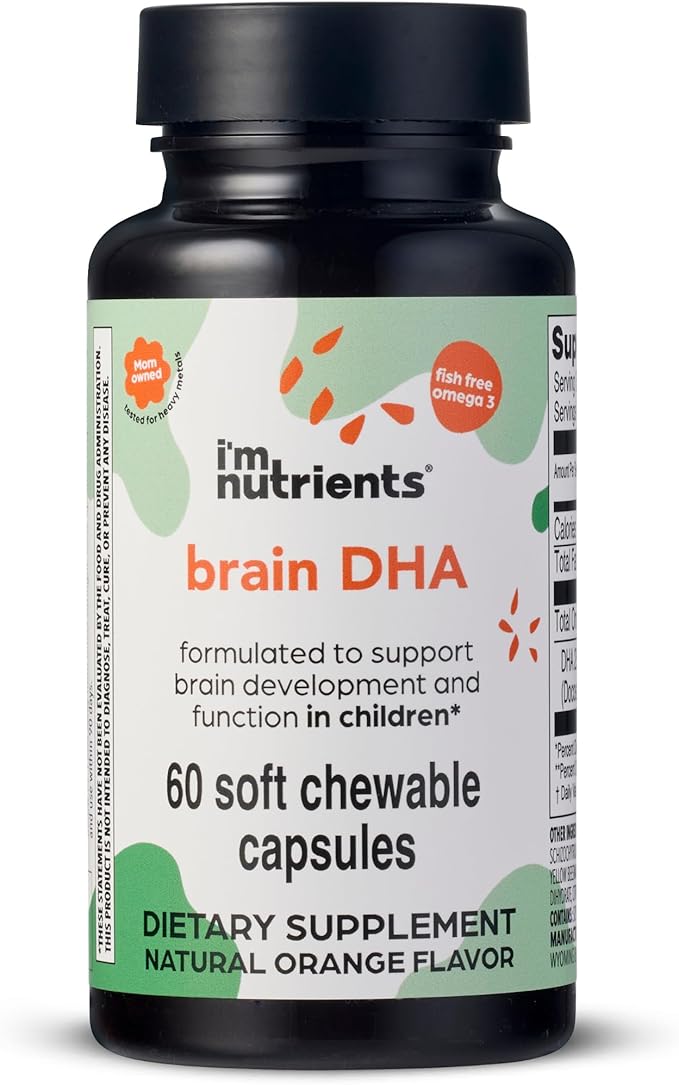 I’m Nutrients Brain DHA | Algae Omega 3 Supplement for Kids | Supports Brain Development | Promotes Healthy Eye Function | Naturally Flavored | 60 Chewable Soft Gelatin Capsules