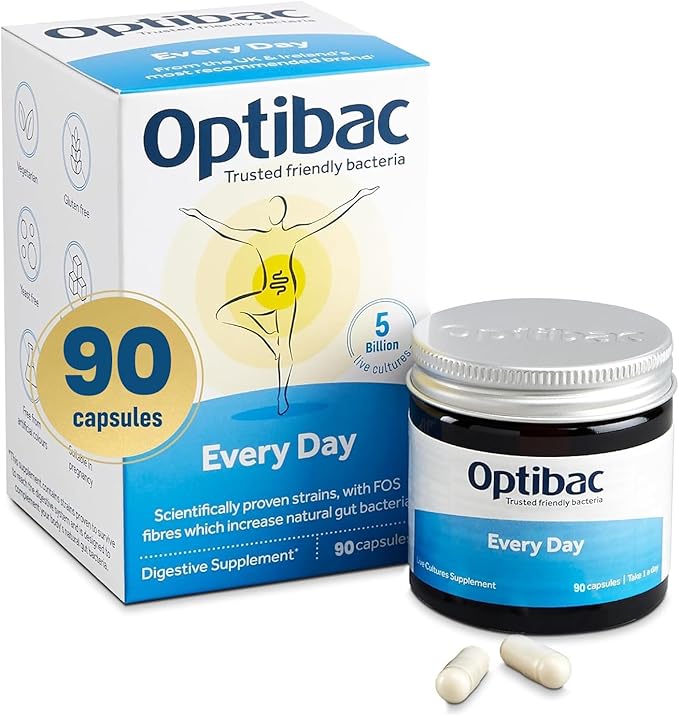 OptiBac Probiotics for Digestive Health 90 Capsules | 6 Scientifically Researched Strains with 5 Billion Live Cultures | Gluten Free &amp Vegetarian | Supports Gut Flora &amp Digestive Health