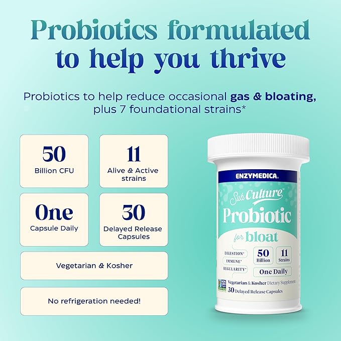 Enzymedica SubCulture Probiotics for Gas &amp Bloating 50 Billion CFU Supports Immune &amp Digestive Health Regularity &amp Gut Flora 30 Count