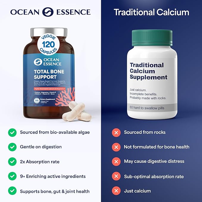 3 Pack OCEAN ESSENCE Total Bone Support - Plant-Based Algae Calcium Supplement for Supporting Bone Density &amp Strength - For Men &amp Women 35+ - 120 Natural Calcium Capsules - Vitamins for Optima