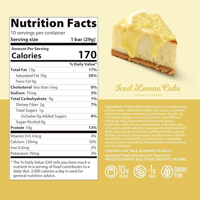 Genius Gourmet Protein Bar Iced Lemon Cake Keto Snack Low Carb Low Sugar &amp Gluten Free Protein Snacks for Adults 10G of Whey Protein per Protein Bar 5 Net Carbs 10 Count