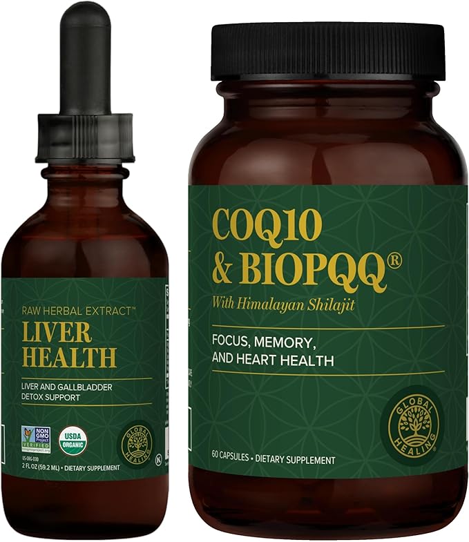 Global Healing Center - Liver Health &amp CoQ10 &amp BioPQQ with Shilajit Kit - Liquid Drops for Healthy Blood Flow Vein Circulation &amp Advanced Heart Brain Support for Concentration &amp Focu
