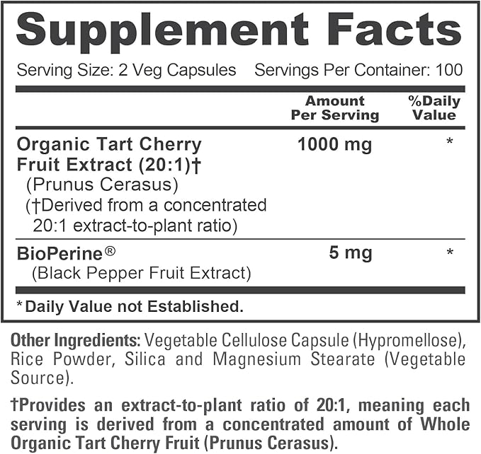 NusaPure Organic Tart Cherry 20:1 Extract 1000 mg Equivalent to 20000 mg 200 Veggie Caps (Vegan Non-GMO) Bioperine