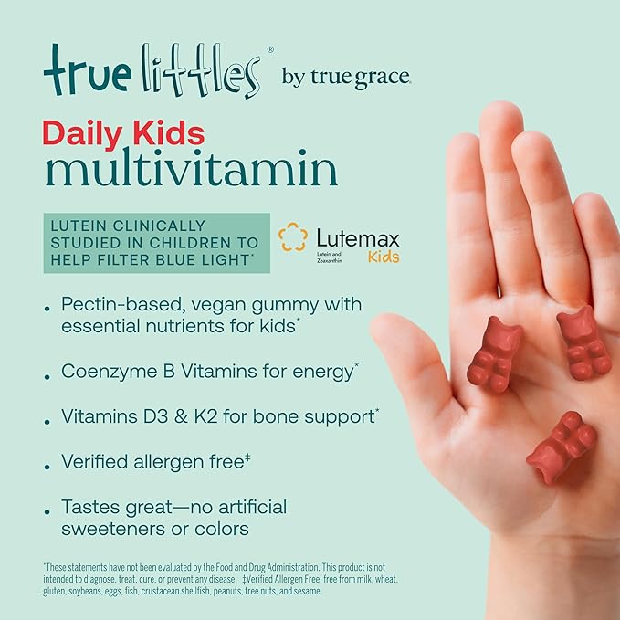 True Grace True Littles Daily Kids Multi - 60 Pectin Gummies - Immune Cognitive Bone &amp Eye Support - Clinically Studied Lutemax Kids Lutein &amp Vitamin D3 + K2 - Allergen Free &amp Vegan - 60