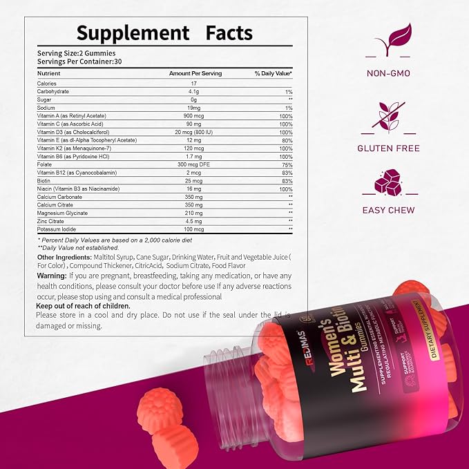 Multivitamin Gummies for Women Chewable Vitamin Blend with Vitamins A B C D E K2 and Biotin Fruity Adult Gummy Supplement Format for Daily Nutrition Routine 60 Count