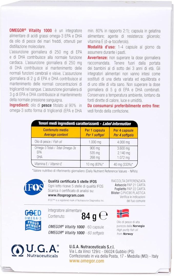 OMEGOR Omega 3 1000mg Fish Oil Capsules IFOS Certified Vitality 1000 DHA EPA Omega3 Supplement - No Fishy Aftertaste Non-GMO (90 Softgels)