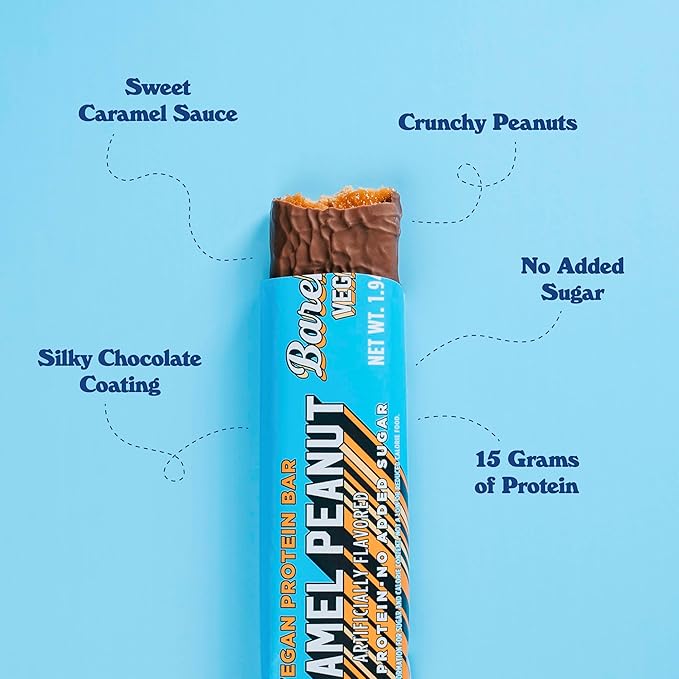 Barebells Vegan Protein Bars Peanut Caramel Plant Based with High Protein - Chocolate Protein Bars - Perfect on The Go Protein Snack &amp Breakfast Bars 12 Count (Pack of 1)