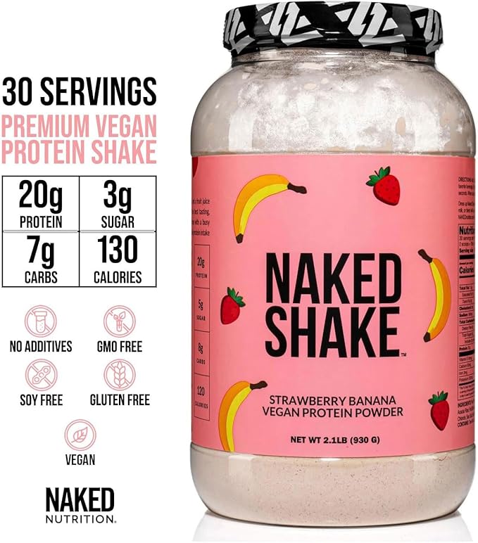 NAKED Shake - Vegan Protein Powder Strawberry Banana - Flavored Plant Based Protein with Mct Oil NSF Certified Gluten-Free Soy-Free No Gmos Or Artificial Sweeteners - 30 Servings