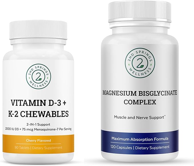 Magnesium Bisglycinate + Vitamin D3 K2 Complex Bundle | Bone Strength Muscle Relaxation Calcium Support Immunity Heart Health &amp Daily Wellness