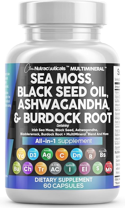Clean Nutraceuticals Sea Moss Black Seed Oil Ashwagandha Turmeric Bladderwrack Burdock &amp Vitamin C Vitamin D3 with Elderberry Manuka Dandelion Yellow Dock Iodine Chlorophyll ACV