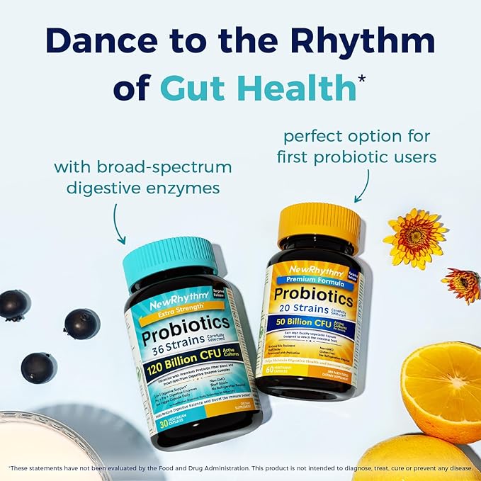 NewRhythm Probiotics 120 Billion CFU 36 Strains 3-in-1 Probiotics for Digestive Health &amp Immune Support with Prebiotics &amp Enzymes Probioticos for Women &amp Men Vegan Targeted Release Supp