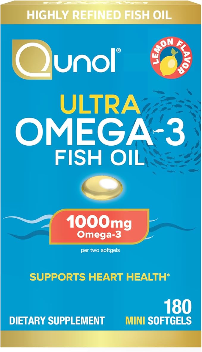 Qunol Fish Oil Omega 3 Mini Softgels 1000mg Omega 3 EPA + DHA Ultra Pure Supplements Heart Health Support Lemon Flavor Easy to Swallow Minis 3 Month Supply 180 Count