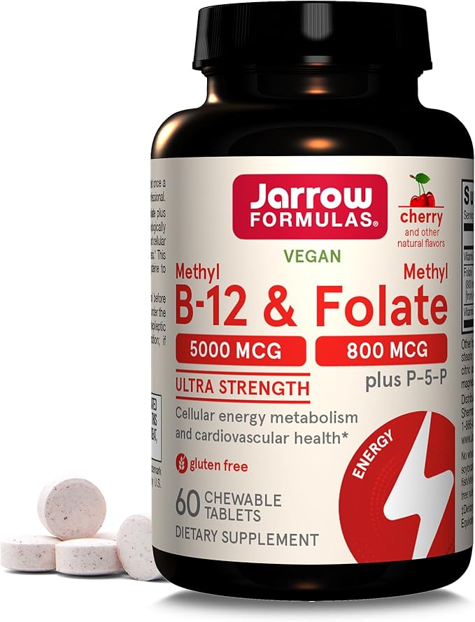 Jarrow Formulas Ultra Strength Methyl B-12 5000 mcg &amp Methyl Folate 800 mcg + P-5-P &amp Vitamin D3 125 mcg (5000 IU) - 100 Servings (Softgels)
