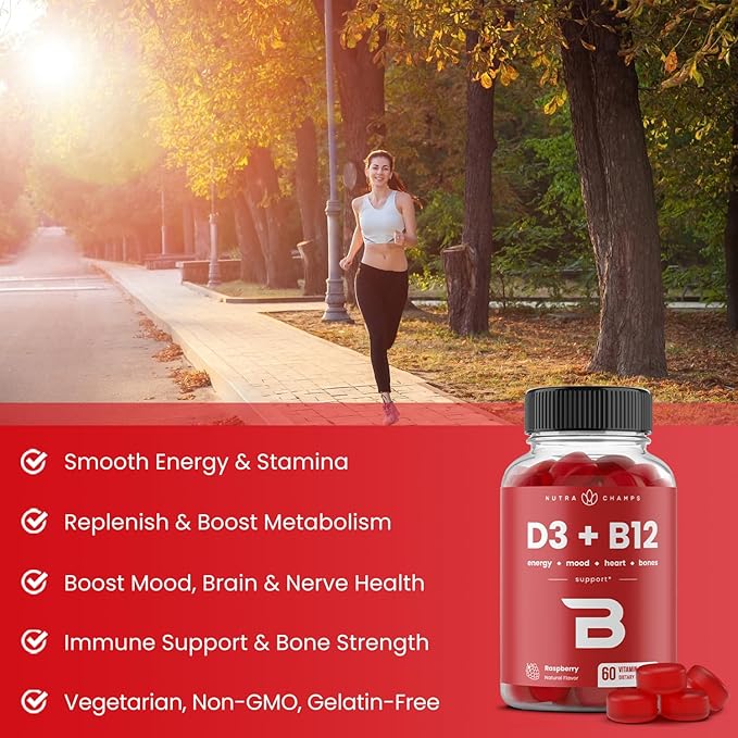 NutraChamps Vitamin D3 &amp B12 Methyl B12 Gummies for Adults &amp Kids Enhanced with Vitamin D 3 &amp B9 Vitamin Folate Natural Energy Mood Metabolism &amp Focus Raspberry 120 Gummies (Pac