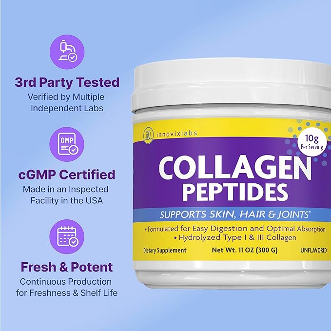 InnovixLabs Collagen Peptides Powder Unflavored | Hydrolyzed Type I &amp III Collagen Protein | Vital for Skin Hair Nails &amp Joints | Easy Mixing with Nutrients for Women &amp Men