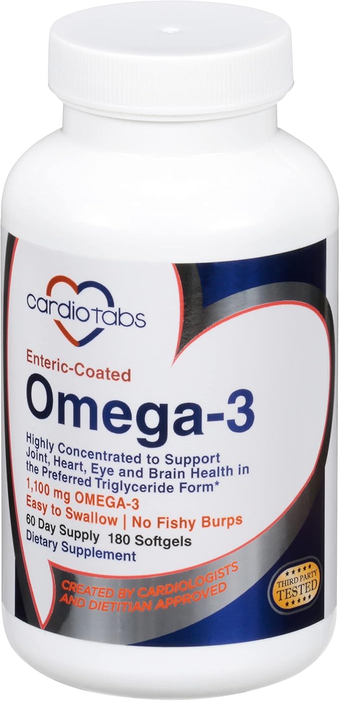 Omega-3 Enteric-Coated Fish Oil Supplements Triglyceride Form 1100 mg Total Omega-3 Fatty Acids Non-Dairy and Gluten-Free Special Enteric Coated Softgels for No Fishy Burps - 180 Count